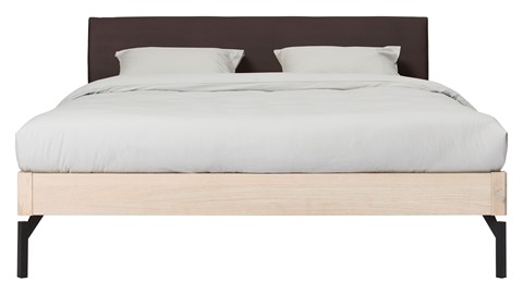 Bed Sky eiken met hoofdbord stof en poot metaal, eiken lederlook grijs
