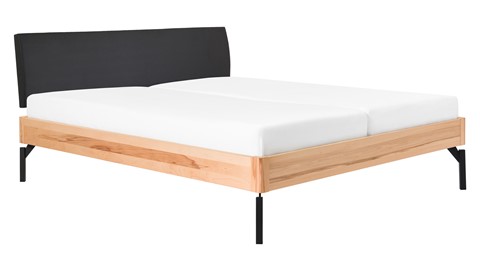 Bed Sky beuken met hoofdbord stof en poot metaal, beuken lederlook zwart