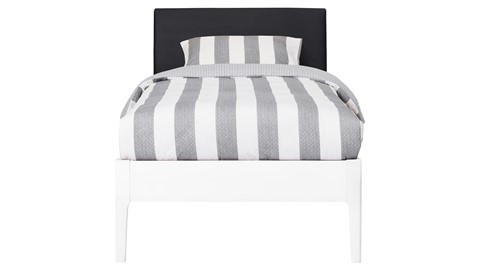 Bed Sky beuken met hoofdbord stof en poot hout, wit lederlook zwart