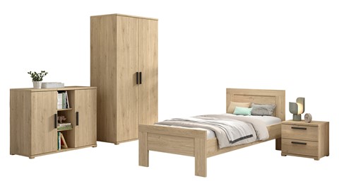 Kinderkamer Sam met bed, nachtkast, commode 2 deuren en 2 deurs draaideurkast, eik
