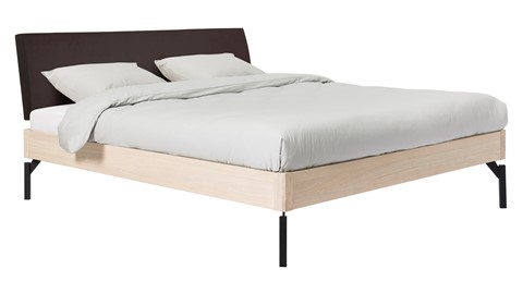 Bed Sky eiken met hoofdbord stof en poot metaal, eiken lederlook grijs