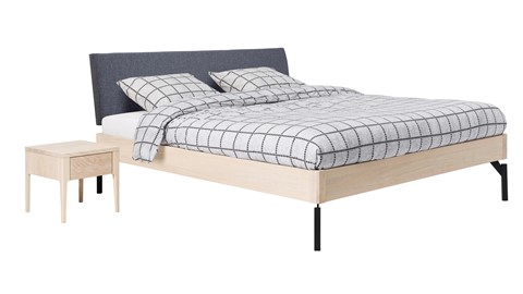 Bed Sky eiken met hoofdbord stof en poot metaal, eiken stof grijs