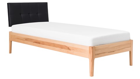 Bed Sky beuken met hoofdbord gecapitonneerd en poot hout, beuk lederlook zwart