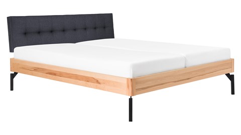 Bed Sky beuken met hoofdbord gecapitonneerd en poot metaal, beuk stof grijs