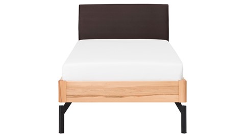 Bed Sky beuken met hoofdbord stof en poot metaal, beuken lederlook grijs