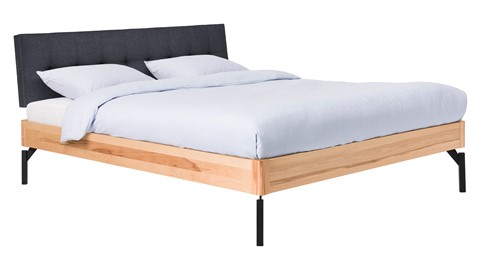 Bed Sky beuken met hoofdbord gecapitonneerd en poot metaal, beuk stof grijs