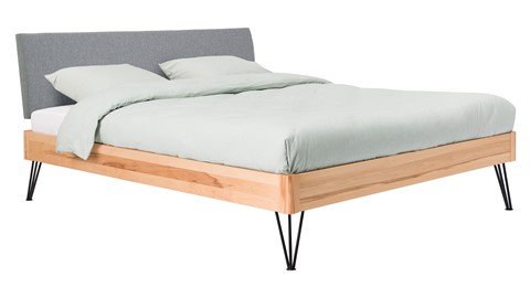 Bed Sky beuken met hoofdbord stof en poot driehoek, beuk stof basalt