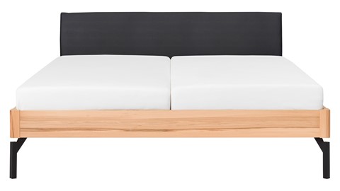 Bed Sky beuken met hoofdbord stof en poot metaal, beuken lederlook zwart
