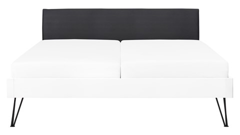Bed Sky beuken met hoofdbord stof en poot driehoek, wit lederlook zwart