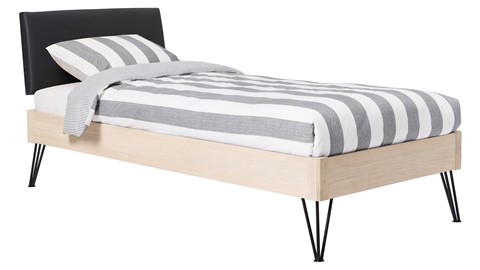 Bed Sky eiken met hoofdbord stof en poot driehoek, eiken lederlook zwart