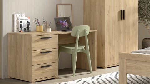 Kinderkamer Sam met bed, nachtkast, bureau en 3 deurs draaideurkast, eik