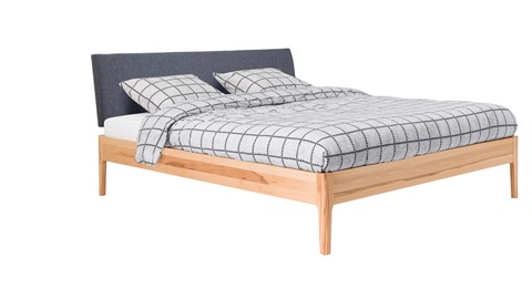 Bed Sky beuken met hoofdbord stof en poot hout, beuken stof grijs