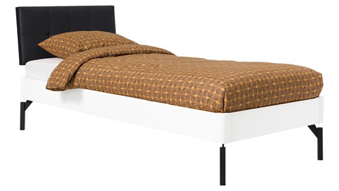 Bed Sky beuken met hoofdbord gecapitonneerd en poot metaal, wit lederlook zwart