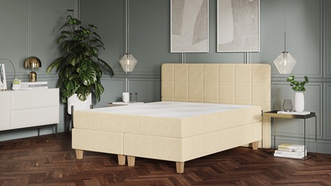 Boxspring Emma Deluxe Elegant vlak  met gestoffeerd matras en poot naturel, beige