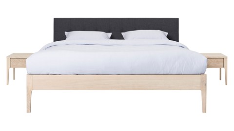Bed Sky eiken met hoofdbord gecapitonneerd en poot hout, eiken stof grijs