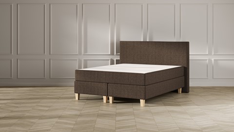 Boxspring Emma Deluxe Classic vlak met gestoffeerd matras en poot naturel, dark brown