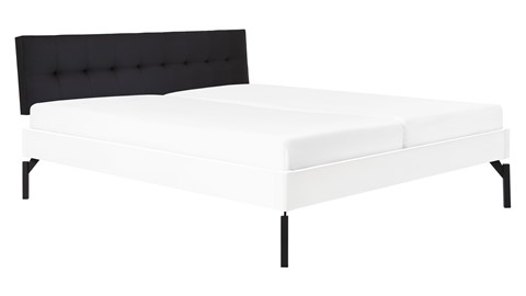 Bed Sky beuken met hoofdbord gecapitonneerd en poot metaal, wit lederlook zwart