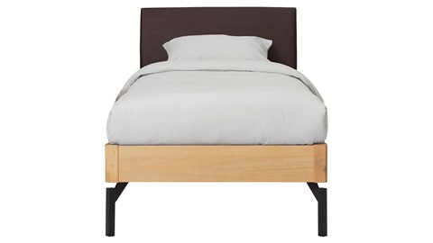 Bed Sky eiken met hoofdbord stof en poot metaal, honing lederlook grijs
