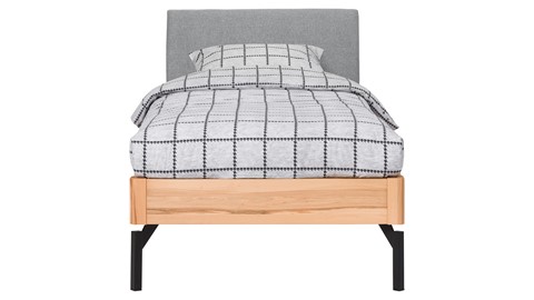 Bed Sky beuken met hoofdbord stof en poot metaal, beuken stof basalt