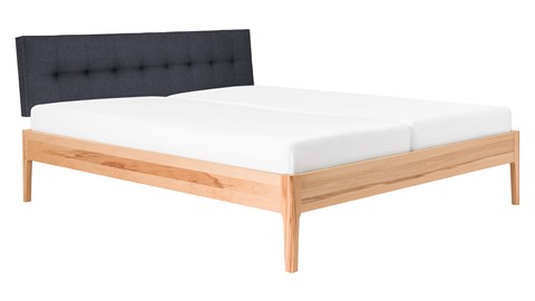 Bed Sky beuken met hoofdbord gecapitonneerd en poot hout, beuk stof grijs