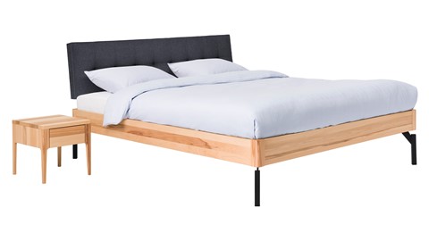 Bed Sky beuken met hoofdbord gecapitonneerd en poot metaal, beuk stof grijs