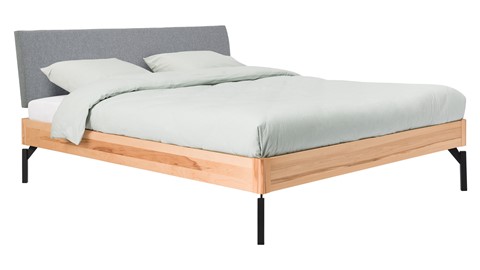 Bed Sky beuken met hoofdbord stof en poot metaal, beuken stof basalt