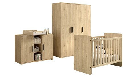 Kinderkamer Sam met doorgroeibed, commode 2 deuren, opzet en 3 deurs draaideurkast, eik