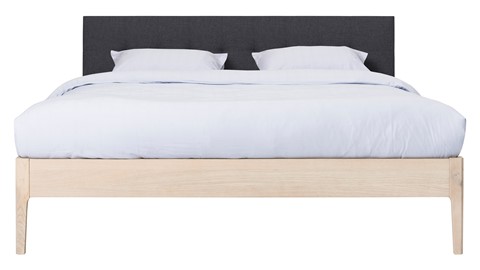 Bed Sky eiken met hoofdbord gecapitonneerd en poot hout, eiken stof grijs