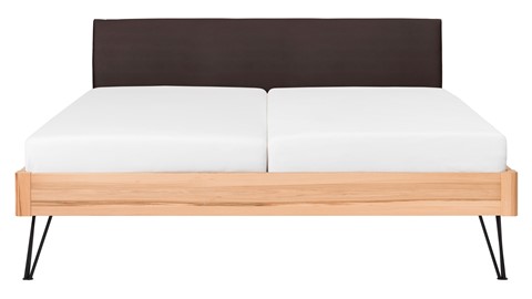 Bed Sky beuken met hoofdbord stof en poot driehoek, beuk lederlook grijs