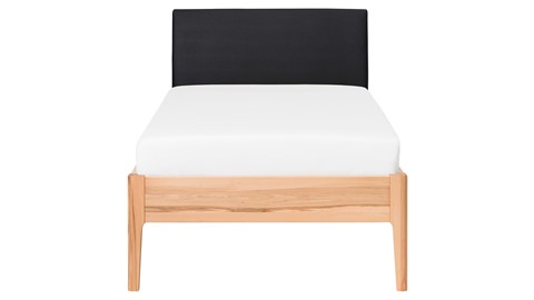 Bed Sky beuken met hoofdbord stof en poot hout, beuken lederlook zwart