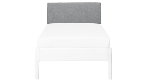Bed Sky beuken met hoofdbord stof en poot hout, wit stof basalt