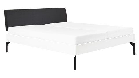 Bed Sky beuken met hoofdbord stof en poot metaal, wit lederlook zwart