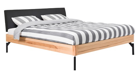 Bed Sky beuken met hoofdbord stof en poot metaal, beuken lederlook zwart