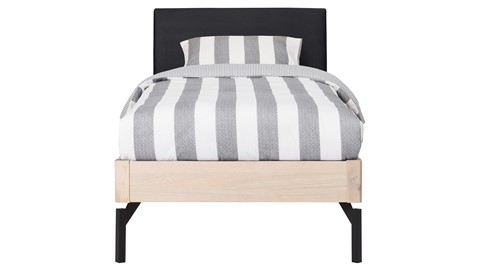 Bed Sky eiken met hoofdbord stof en poot metaal, eiken lederlook zwart