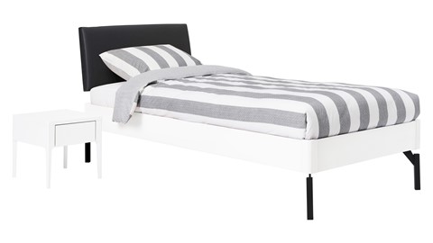 Bed Sky beuken met hoofdbord stof en poot metaal, wit lederlook zwart