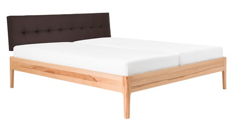 Bed Sky beuken met hoofdbord gecapitonneerd en poot hout, beuk lederlook grijs