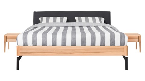 Bed Sky beuken met hoofdbord stof en poot metaal, beuken lederlook zwart