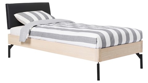 Bed Sky eiken met hoofdbord stof en poot metaal, eiken lederlook zwart