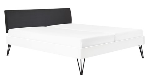 Bed Sky beuken met hoofdbord stof en poot driehoek, wit lederlook zwart