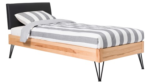 Bed Sky beuken met hoofdbord stof en poot driehoek, beuk lederlook zwart
