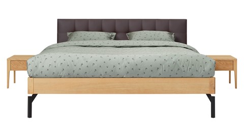 Bed Sky eiken met hoofdbord gecapitonneerd en poot metaal, honing lederlook grijs