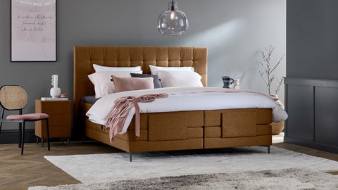Boxspring Jade verstelbaar met gestoffeerd matras, cognac