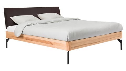 Bed Sky beuken met hoofdbord stof en poot metaal, beuken lederlook grijs