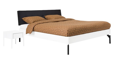 Bed Sky beuken met hoofdbord gecapitonneerd en poot metaal, wit lederlook zwart