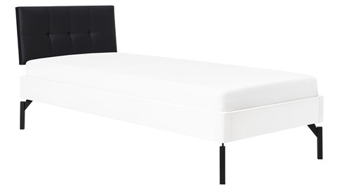 Bed Sky beuken met hoofdbord gecapitonneerd en poot metaal, wit lederlook zwart