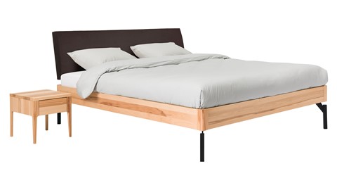 Bed Sky beuken met hoofdbord stof en poot metaal, beuken lederlook grijs