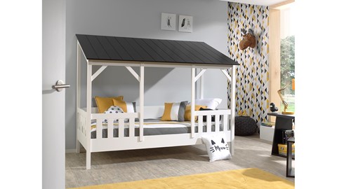 Bed HuisBed inclusief 3 dakpanelen, wit/zwart