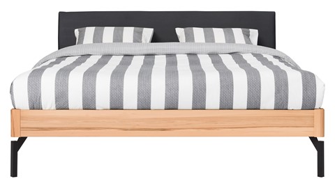 Bed Sky beuken met hoofdbord stof en poot metaal, beuken lederlook zwart