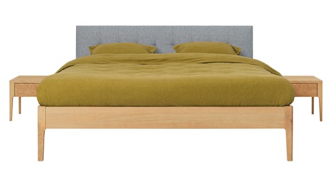Bed Sky eiken met hoofdbord gecapitonneerd en poot hout, honing stof basalt