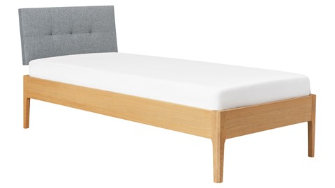 Bed Sky eiken met hoofdbord gecapitonneerd en poot hout, honing stof basalt